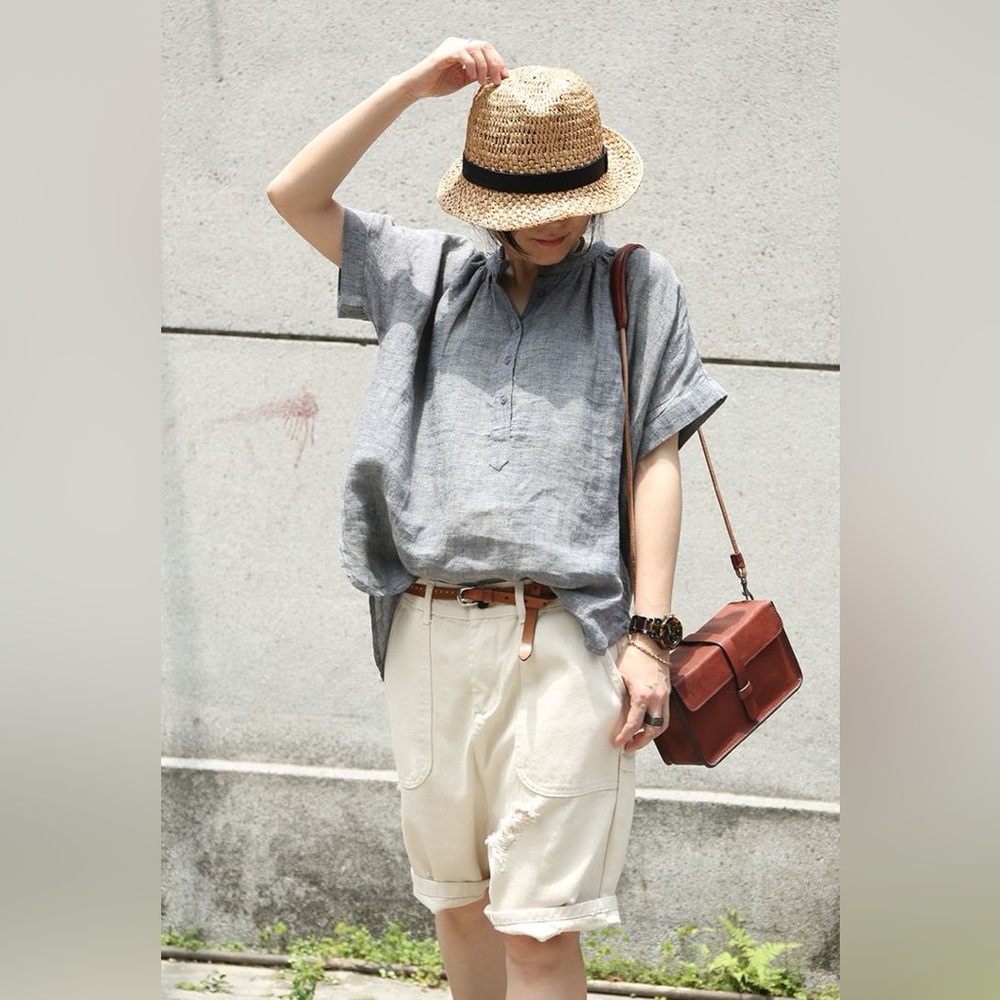 Gray Linen Loose Fit Blouse Made in Italy - Picture 14 of 16